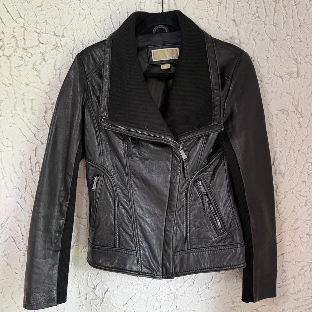 Michael Michael Kors Black Leather Moto Jacket Womens Small Rib Knit Asymmetric